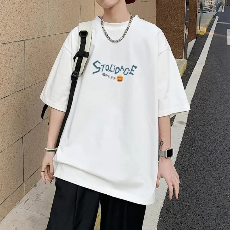 Men Oversize Korean Fashion Loose American Love Puppet Rabbit Print Short Sleeve Round Neck Versatile Trend Couple outfit