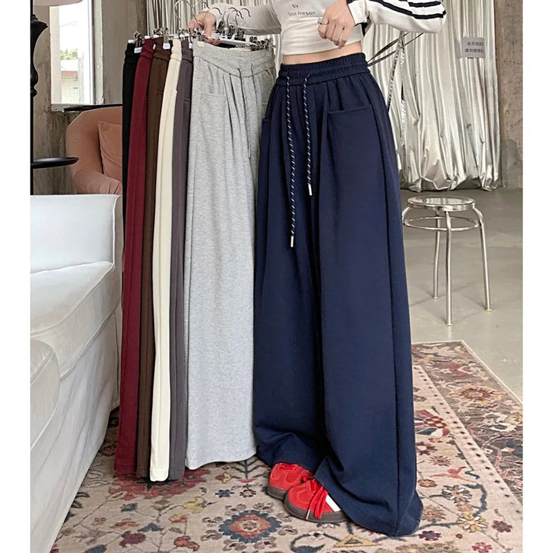 New Streetwear Girls High Waist Pants Female Casual Baggy Straight Leg Trousers Women Fashion Solid Color Drawstring Pants