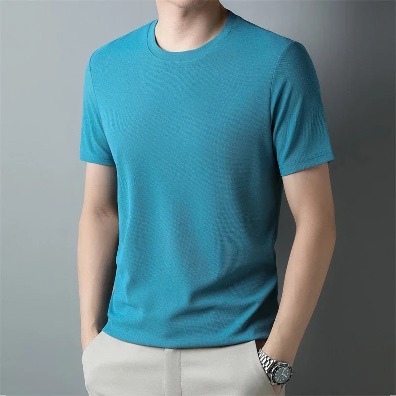 2024 Men's New Waffle Round Neck Short Sleeved T-shirt Summer Comfortable Top