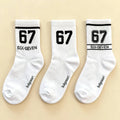 Teen Fashion Socks with "67" Print - Mid-Calf Sports Socks for Trendy Kids All Season