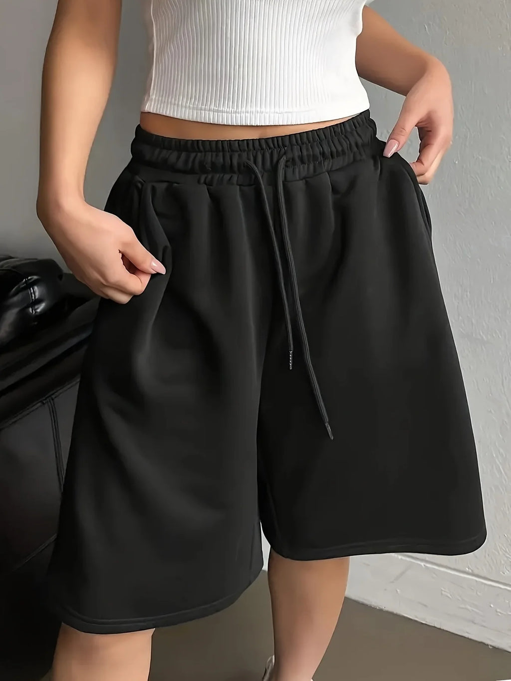 Women's street style retro elastic waist wide-leg sweatshirt shorts gray straight leg casual sports shorts short pants women