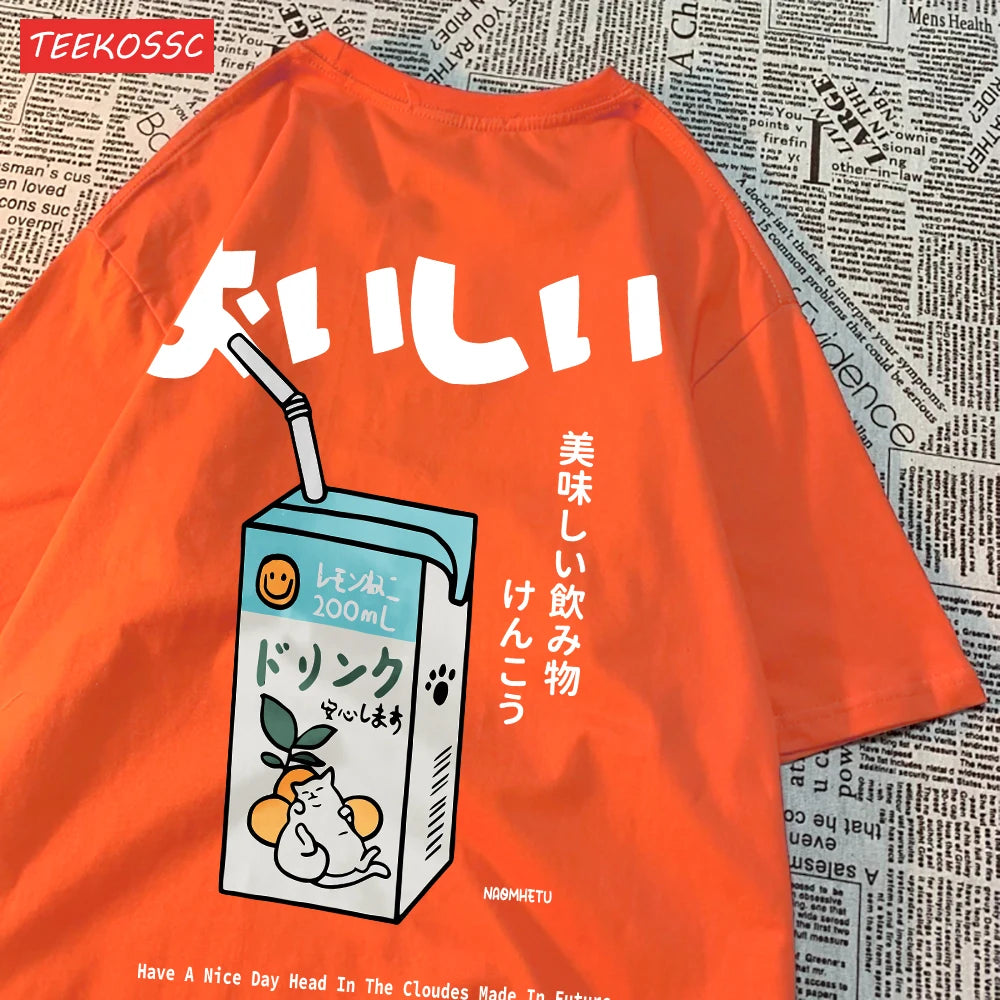 Cute Japanese Cat Print Oversized T-shirt Women Men Short Sleeve Loose Casual Tee Shirt Streetwear Tops Cotton Harajuku Clothing