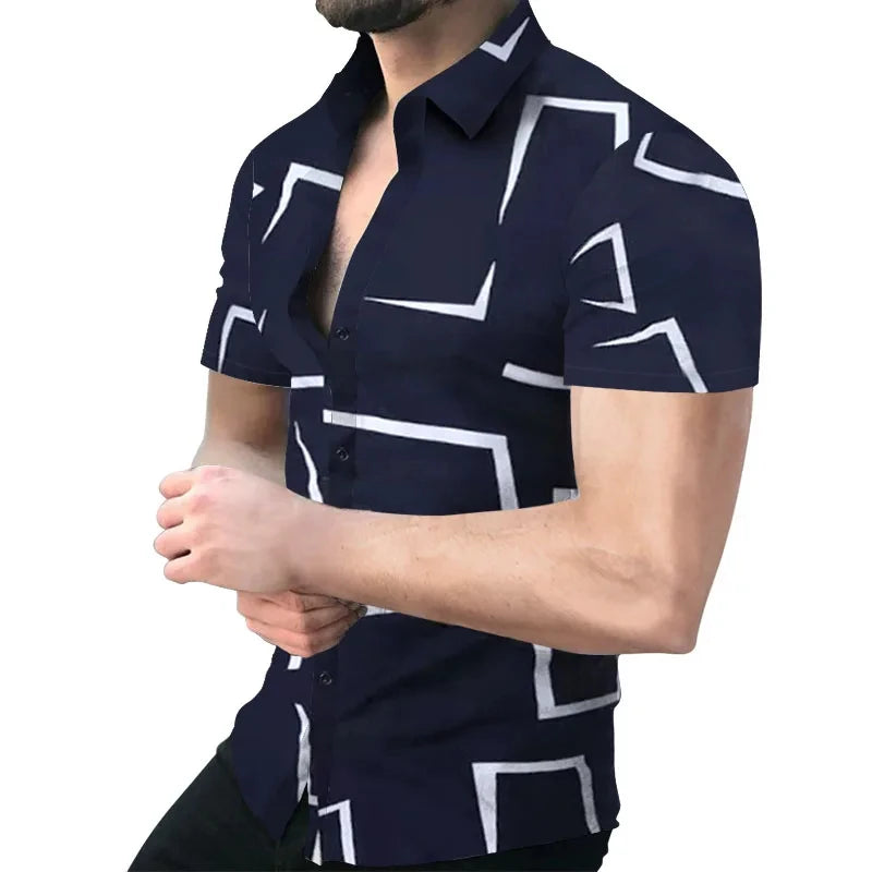 New Men's Shirts Fashion Stripes Print Short-sleeved Tees Summer Tops Men Turn-down Collar Button Casual T-shirt Clothing