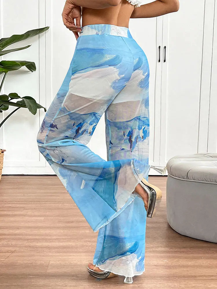 Sexy Women Trousers Summer New Streetwear Fashion Tie Dye Print Casual Slim Mesh Trousers Elegant Lady Versatile Pants Clothing