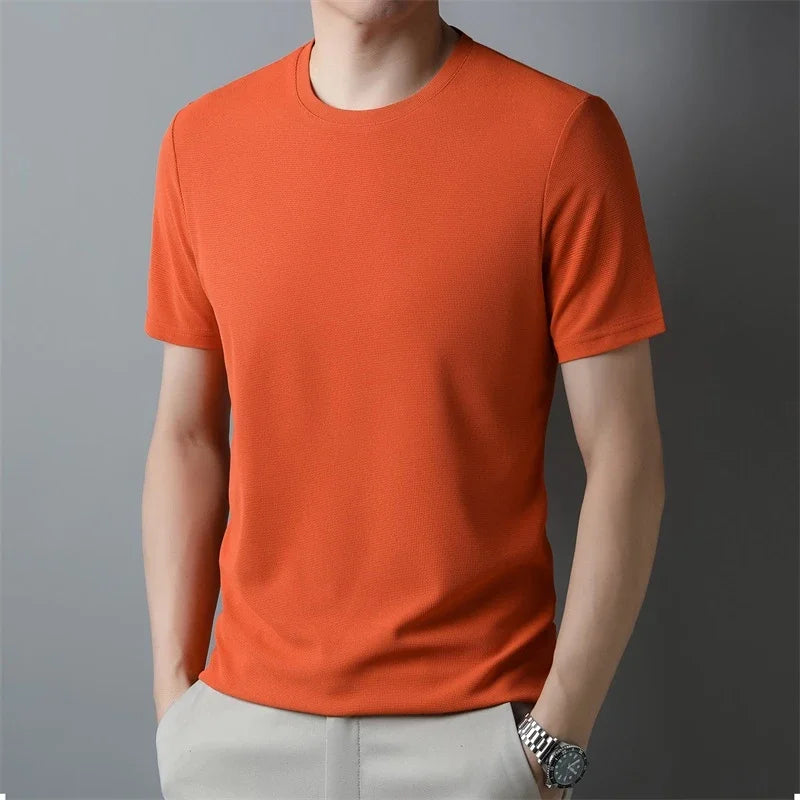 2024 Men's New Waffle Round Neck Short Sleeved T-shirt Summer Comfortable Top