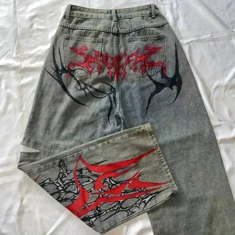 American Fashion Trend Joker Pattern Embroidered Loose Jeans Street Y2K New Hip Hop Oversized Wide-leg Pants Unisex Jeans