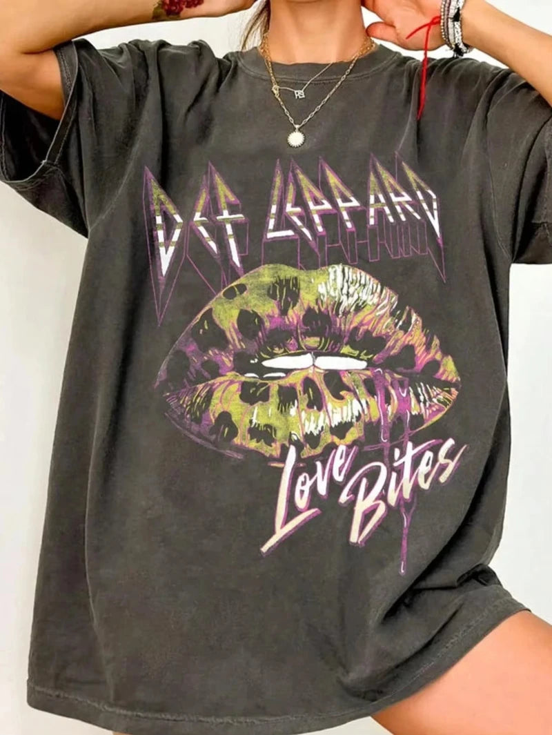 Streetwear fashion summer new T-shirt, British hard rock band Def Leppard pattern printed T-shirt