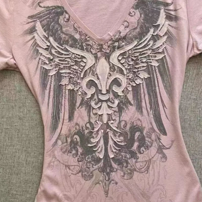 American Street Hottie T-shirt Vintage V-neck Tshirt 2000s Y2K Aesthetic Graphic Printed Tees Women's Punk Chic Tops Ropa Mujer