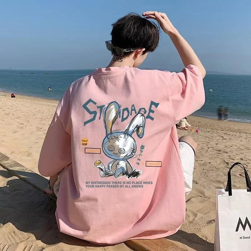 Men Oversize Korean Fashion Loose American Love Puppet Rabbit Print Short Sleeve Round Neck Versatile Trend Couple outfit