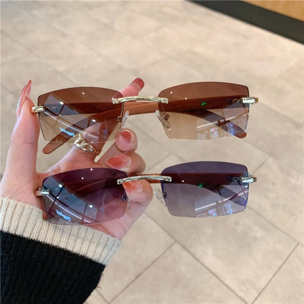 Sunglasses European and American Men's and Women's Frameless Imitation Wood Grain Leg Sunglasses