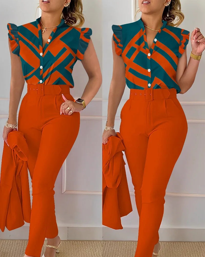 Summer Women's Flower Print Lotus Leaf Sleeve High Waist Pants Set Waist Belt Women's V-Neck Two Piece Set Work Suit Set