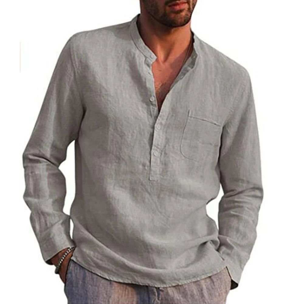 Cotton Linen Hot Sale Men's Long-Sleeved Shirts Summer Solid Color  Stand-Up Collar Casual Beach Style Plus Size