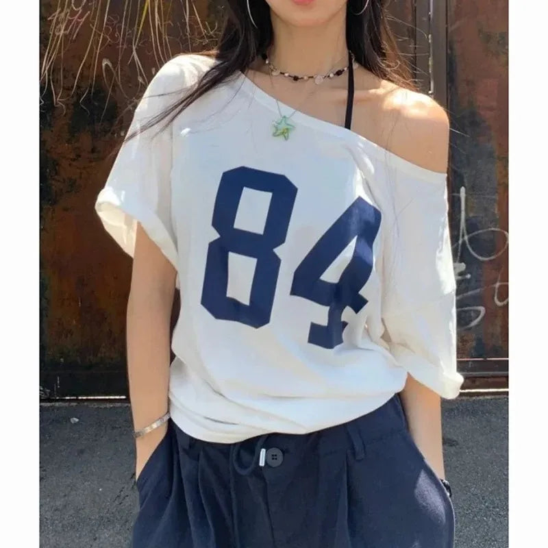 Print White Short Sleeve One Shoulder T-shirt Street Style Tee Vintage Streetwear Y2k Tops Women Summer Cotton T Shirt