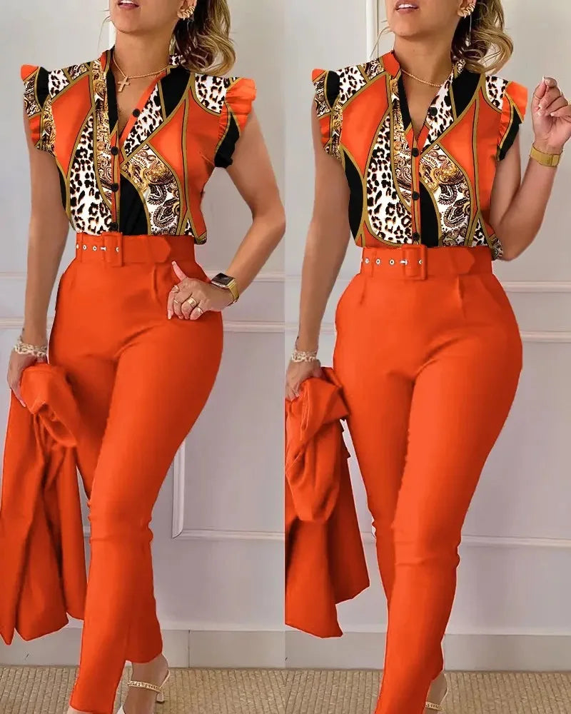 Summer Women's Flower Print Lotus Leaf Sleeve High Waist Pants Set Waist Belt Women's V-Neck Two Piece Set Work Suit Set