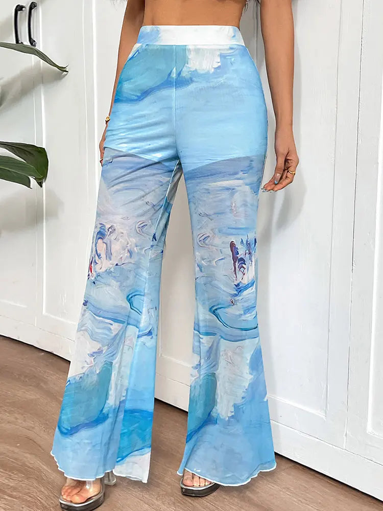 Sexy Women Trousers Summer New Streetwear Fashion Tie Dye Print Casual Slim Mesh Trousers Elegant Lady Versatile Pants Clothing