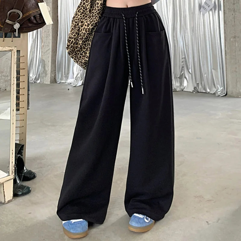 New Streetwear Girls High Waist Pants Female Casual Baggy Straight Leg Trousers Women Fashion Solid Color Drawstring Pants