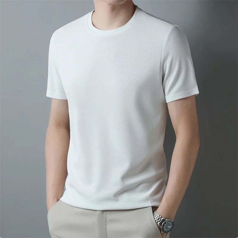 2024 Men's New Waffle Round Neck Short Sleeved T-shirt Summer Comfortable Top