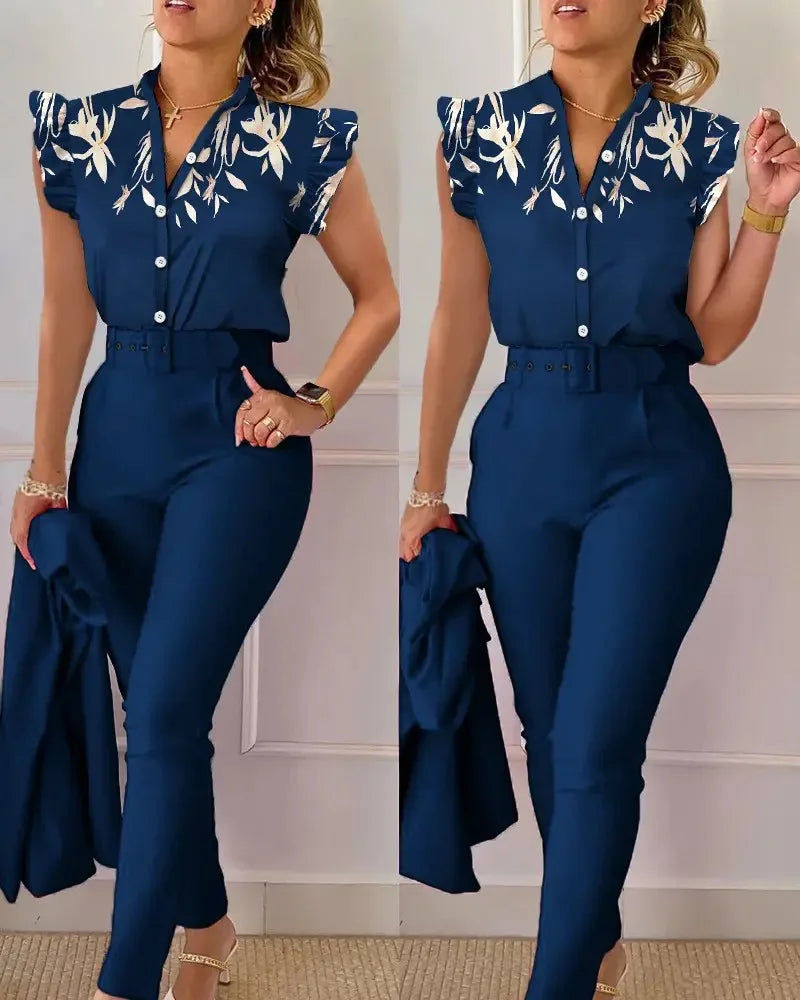 Summer Women's Flower Print Lotus Leaf Sleeve High Waist Pants Set Waist Belt Women's V-Neck Two Piece Set Work Suit Set