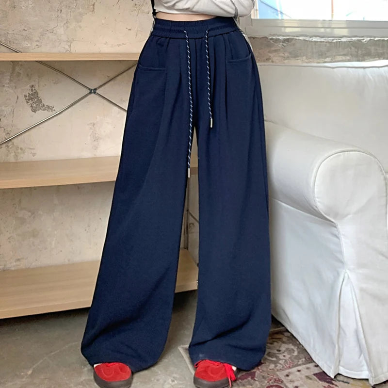 New Streetwear Girls High Waist Pants Female Casual Baggy Straight Leg Trousers Women Fashion Solid Color Drawstring Pants