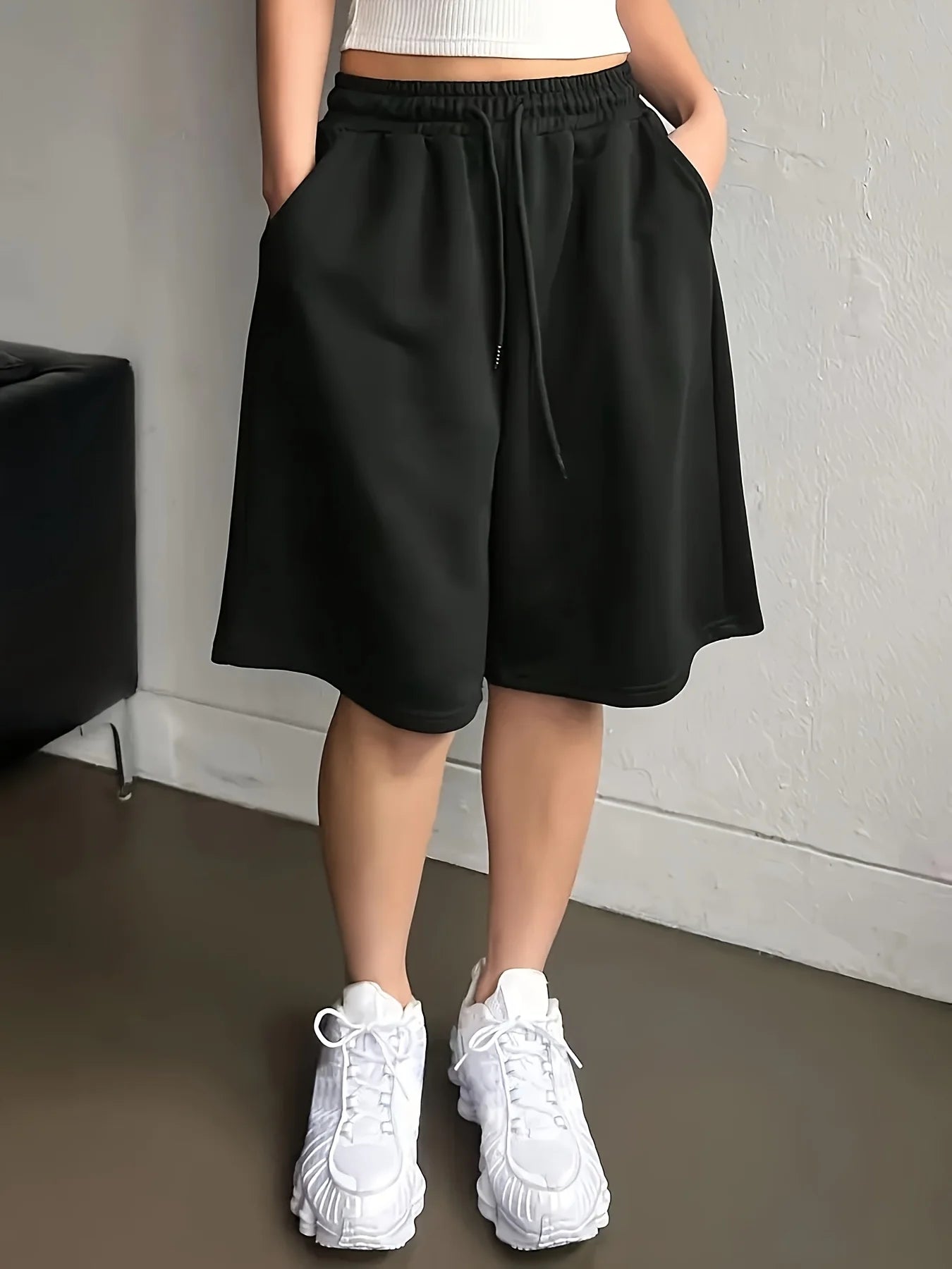 Women's street style retro elastic waist wide-leg sweatshirt shorts gray straight leg casual sports shorts short pants women