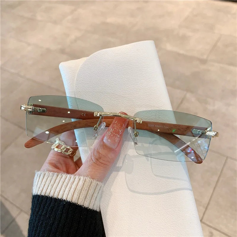 Sunglasses European and American Men's and Women's Frameless Imitation Wood Grain Leg Sunglasses