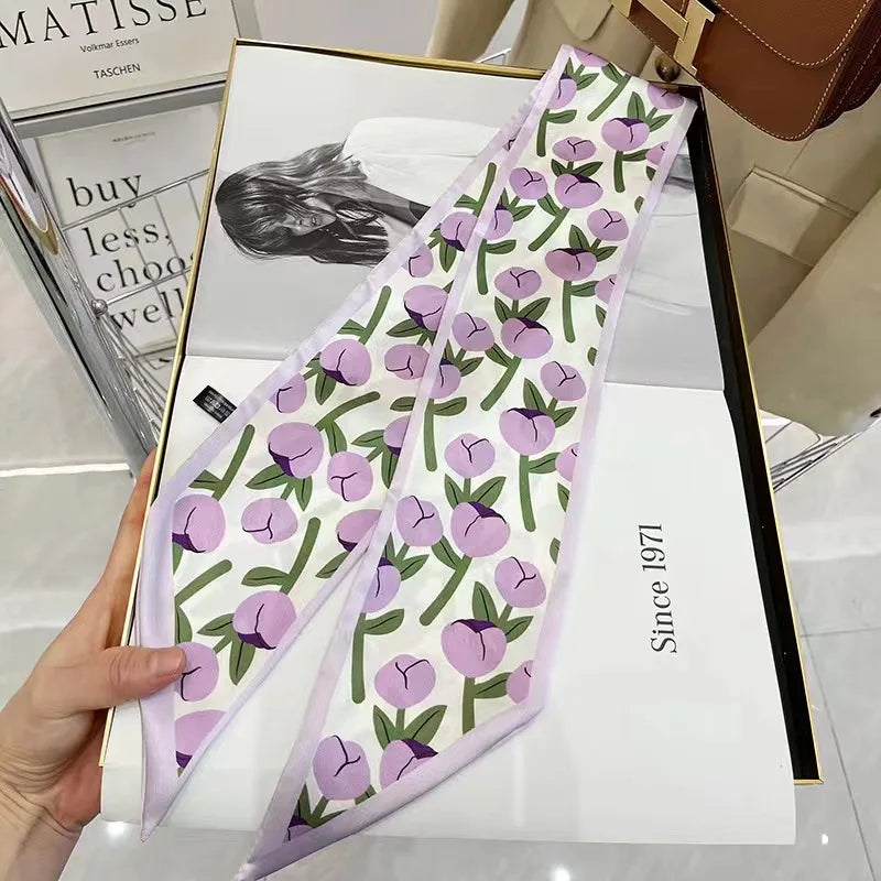 White and tender light-colored small silk scarves for women, thin streamers in spring and summer, hair tied, bag decoration
