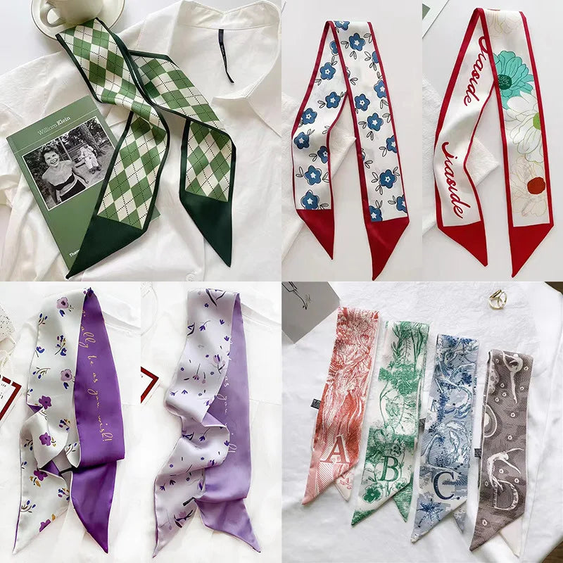 White and tender light-colored small silk scarves for women, thin streamers in spring and summer, hair tied, bag decoration