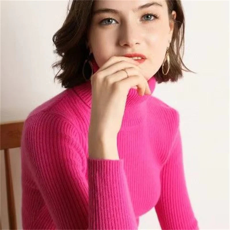 Autumn Winter Thick Sweater Women Knitted Ribbed Pullover Sweater Long Sleeve Turtleneck Slim Jumper Soft Warm Pull Femme