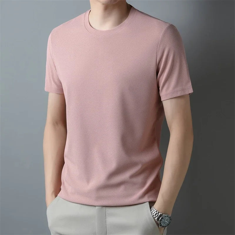 2024 Men's New Waffle Round Neck Short Sleeved T-shirt Summer Comfortable Top